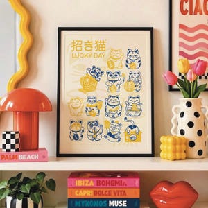 Lucky Cat Maneki Neko Printable Wall Art, Retro Japanese Poster, Kawaii Cat Illustration, Digital Download