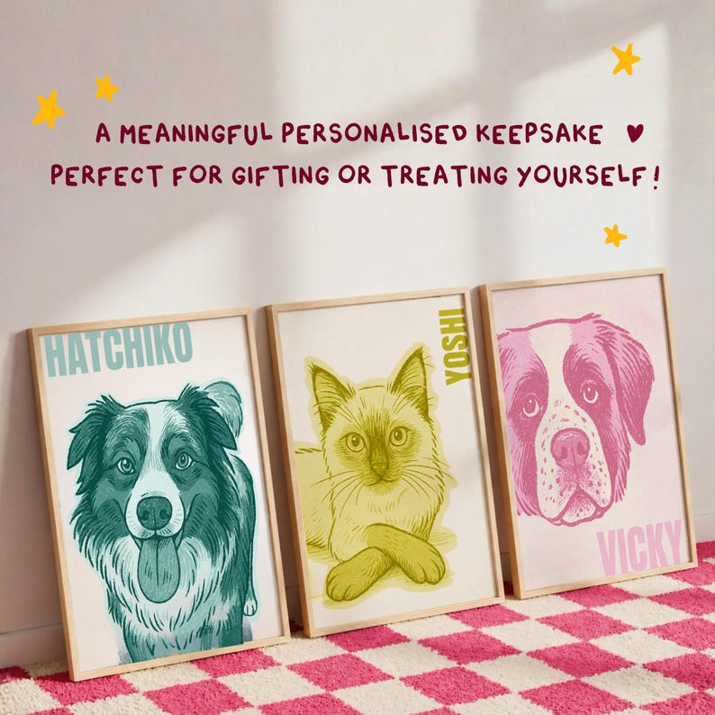 May include: Three framed art prints featuring illustrated pet portraits. The left print shows a teal dog labeled HATCHIKO, the center print shows a yellow cat labeled YOSHI, and the right print shows a pink dog labeled VICKY.