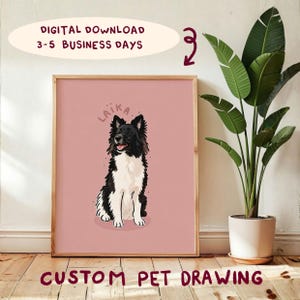 May include: A framed digital illustration of a black and white dog sitting on a solid pink background. The name Laika is written in small letters above the dog. The text Digital Download 3-5 Business Days and Custom Pet Drawing are visible.