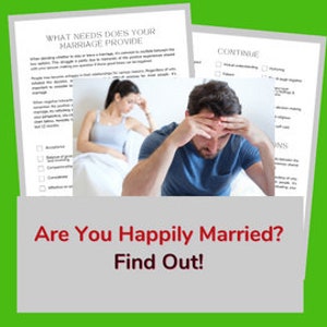 May include: A gray folder with the text "Are You Happily Married? Find Out!" on the front. The folder contains two white sheets of paper with the text "What Needs Does Your Marriage Provide" and "Continue" on them.