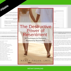 Könnte beinhalten: Ein Paar geht Hand in Hand an einem Sandstrand entlang. Der Text "The Destructive Power of Resentment" steht in großer Schrift über dem Paar. Der Text "30 Techniques to Overcome Relationship Resentment" steht unter dem Paar. Der Text "Nancy Fagan, LMFT" steht unter den Füßen des Paares. Der Text "Instant Download" befindet sich am unteren Rand des Bildes.