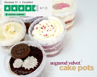 Sugared Velvet Cake Pots- In 3 easy steps! 1) Select your combination! 2) Input your three flavours in the personalisation section 3) Pay!