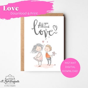 All You Need Is Love Wydrukuj kartę | Walentynki | Miłość | Rocznica | Szablon karty | Natychmiastowe pobranie pliku PDF | Pobieranie cyfrowe
