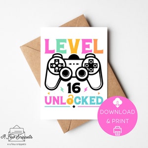 Level 16 Unlocked Geburtstagskarte zum Ausdrucken | Geburtstagskarte | Karte Vorlage | Sofortiger Download PDF | Digitaler Download | 16