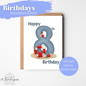 Happy 8th Birthday Printable Card | Birthday Card | Card Template | Instant Download PDF | Digital Download | 8th Birthday | Nautical