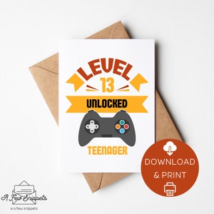 Cartão imprimível de aniversário de adolescente desbloqueado nível 13 | Cartão de aniversário | Modelo de cartão | Download instantâneo de PDF | Download digital | 13