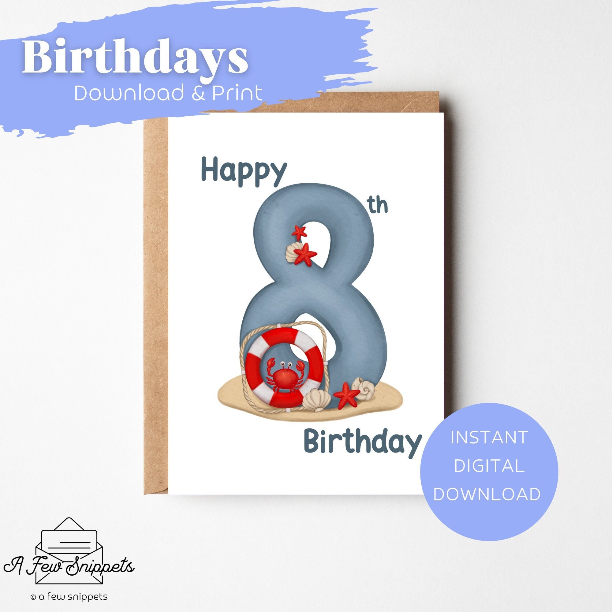 Happy 8th Birthday Printable Card | Birthday Card | Card Template ...
