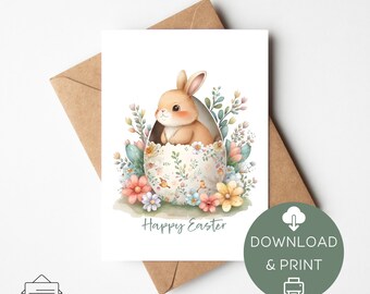 Happy Easter Printable Card | Easter Rabbit | Cute Bunny in Egg | Print at Home | Card Template | Instant Download PDF | Digital Download