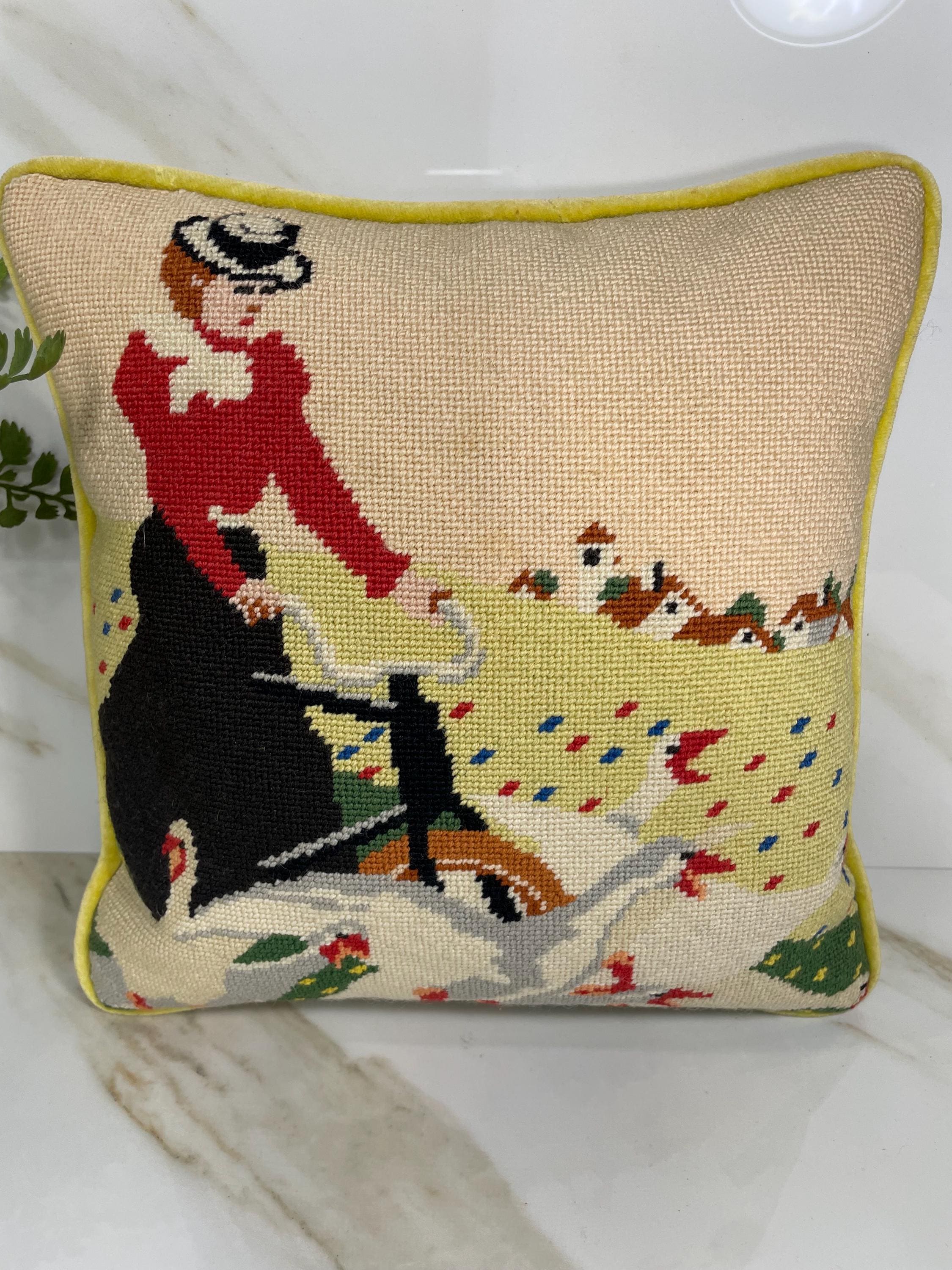 Vintage Needlepoint Pillow Lady on Bike Ducks Geese 12” x 12”
