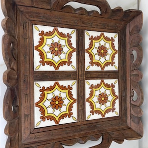 Vintage Mexican Carved Wood And Tiled Tray 15” x 15”