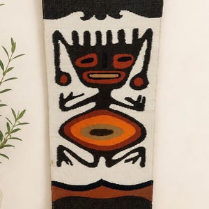 Vintage Wall Hanging Tapestry Mayan Aztec Inca Native American Alien 50” x 18” Has wear to fabric-see pic