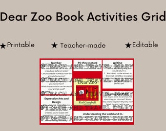 Dear Zoo Book Activities Grid for EYFS or Key Stage 1 - Editable - Teacher-made