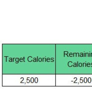 May include: A green table with the text "Calorie Tracker" at the top. The table has two columns labelled "Target Calories" and "Remaining Calories". The table shows 2,500 calories for the target and -2,500 calories remaining.