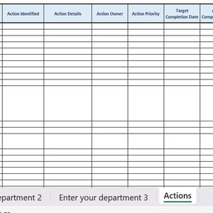 May include: A blank spreadsheet with column headers for "Reference", "Action Identified", "Action Details", "Action Owner", "Action Priority", "Target Completion Date", "Actual Completion Date", "Person Who Completed Action", and "Comments/Notes".