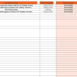 May include: A spreadsheet with columns for name, equipment issued, type of equipment, date received, shift, and department. The spreadsheet lists safety boots, safety trainers, and a jacket.