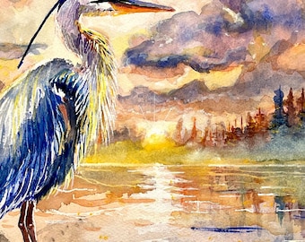 アオサギの絵画、オリジナルの水彩画、湿地や池の水鳥の絵画、鳥の