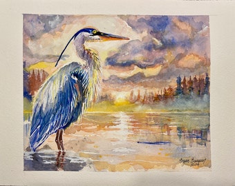 Sunset Sentinel - Tranquil Dusk Heron - Handcrafted Watercolor of Serene Michigan Lake, Original Art with Certificate, Ideal for Collectors
