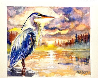 Donde aguarda la quietud, pintura original en acuarela de una garza azul.