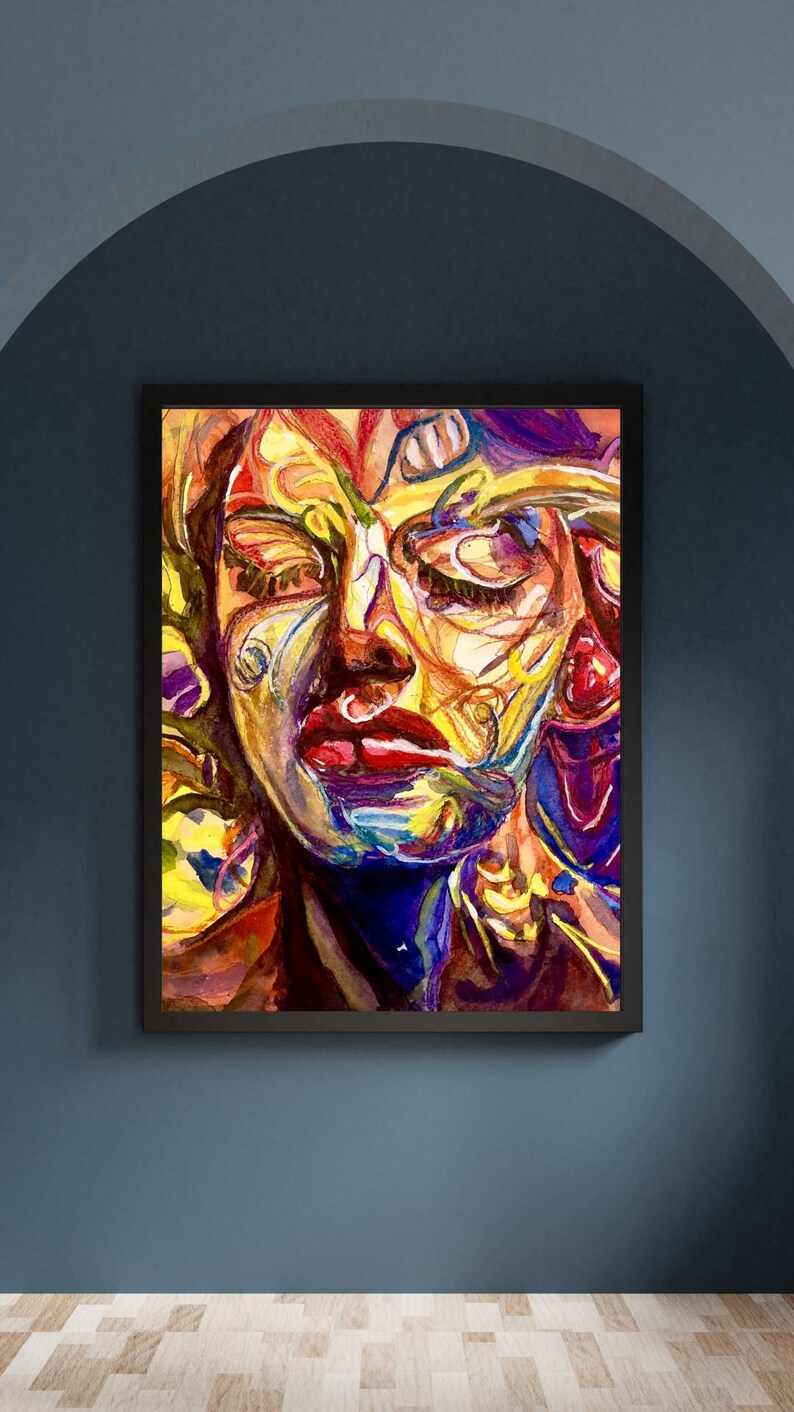Overwhelmed is a vivid exploration of the human condition, of the diverse aspects of humanity using a woman to represent all of humanity.  The intertwining shades represent the depths of mortality and the brightness of hope.