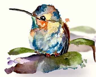 Aquarelprint van een kolibrie, kleurrijke vogeldecoratie voor aan de muur, cadeau voor vogelliefhebbers