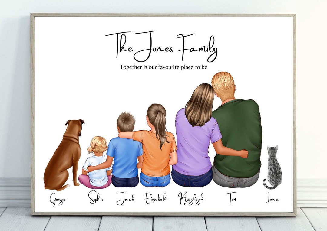 Personalised Family Print, Custom Big Family Wall Art, Family With Pet ...
