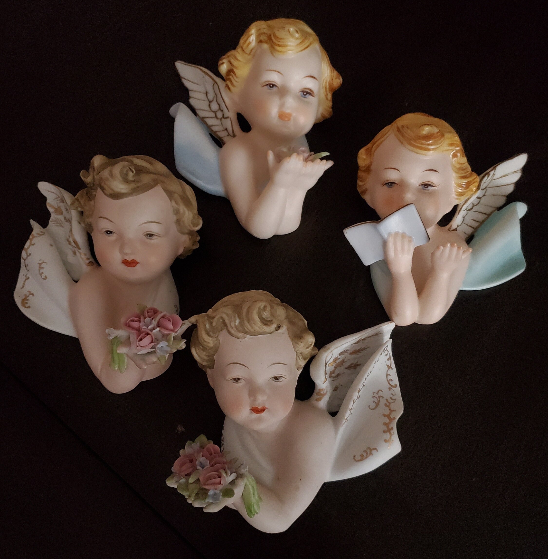 Cherub Angel 1960's Vintage wall hangings... 2- Lefton China numbered KW6417 & KW6417N Plus 2- Napco Ceramic Japan Cherub Angels