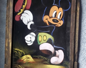Vtg Mickey Mouse oil painting on black velvet signed in a wooden frame