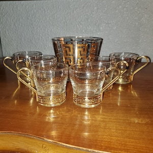 Libbey Gold Greek rare find Ice Bucket & 6 Key Glasses
