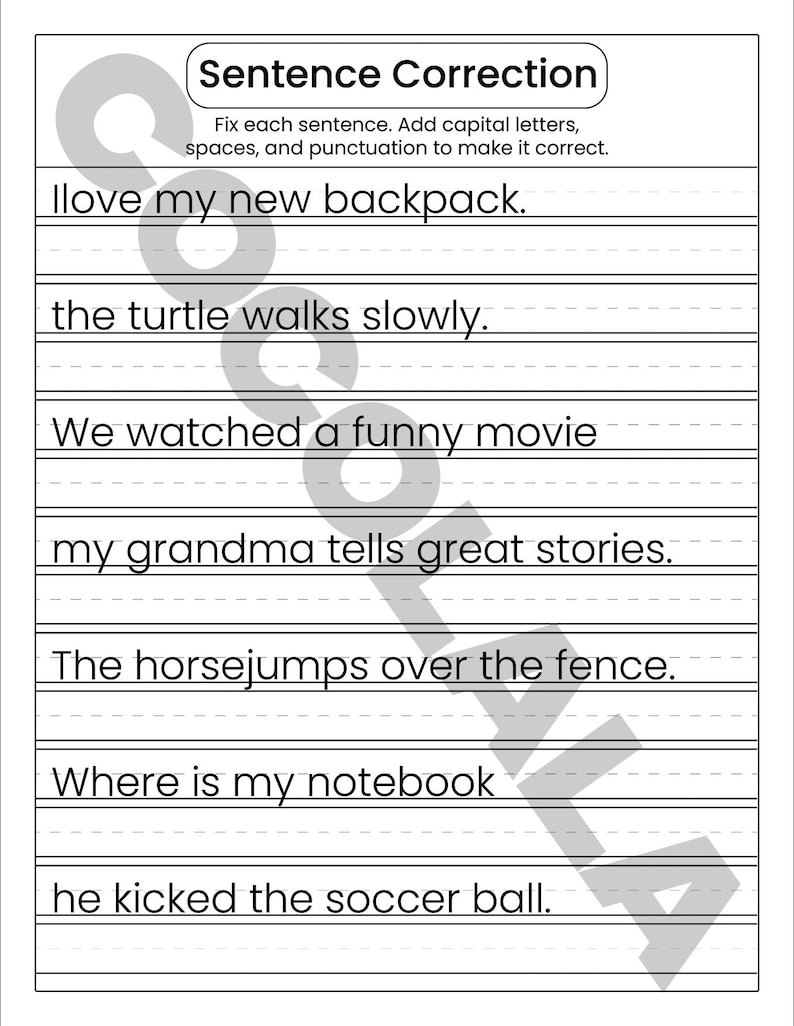 "Sentence Correction Worksheets" cover featuring a dog and cat illustration. Preview pages show sentences like "i like to play outside" and "The catis sleeping" with designated lines for students to rewrite them correctly. The design is clean and professional with intentional white space on both sides for a balanced look. The black-and-white printable layout is clear and easy to read, shown as a professional 8.5x11 inch PDF format.