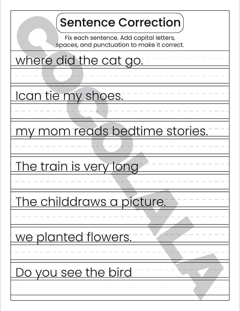 "Sentence Correction Worksheets" cover featuring a dog and cat illustration. Preview pages show sentences like "i like to play outside" and "The catis sleeping" with designated lines for students to rewrite them correctly. The design is clean and professional with intentional white space on both sides for a balanced look. The black-and-white printable layout is clear and easy to read, shown as a professional 8.5x11 inch PDF format.