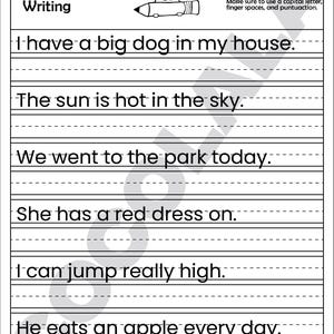 Printable sentence writing worksheets for 1st to 3rd grade students. Includes 50 pages with picture prompts and guided lines to help kids practice writing complete sentences. Supports grammar, punctuation, handwriting, and early composition skills. Great for homeschool, ELA classrooms, or writing centers. Delivered as a digital PDF in A4 and US Letter sizes for easy printing.