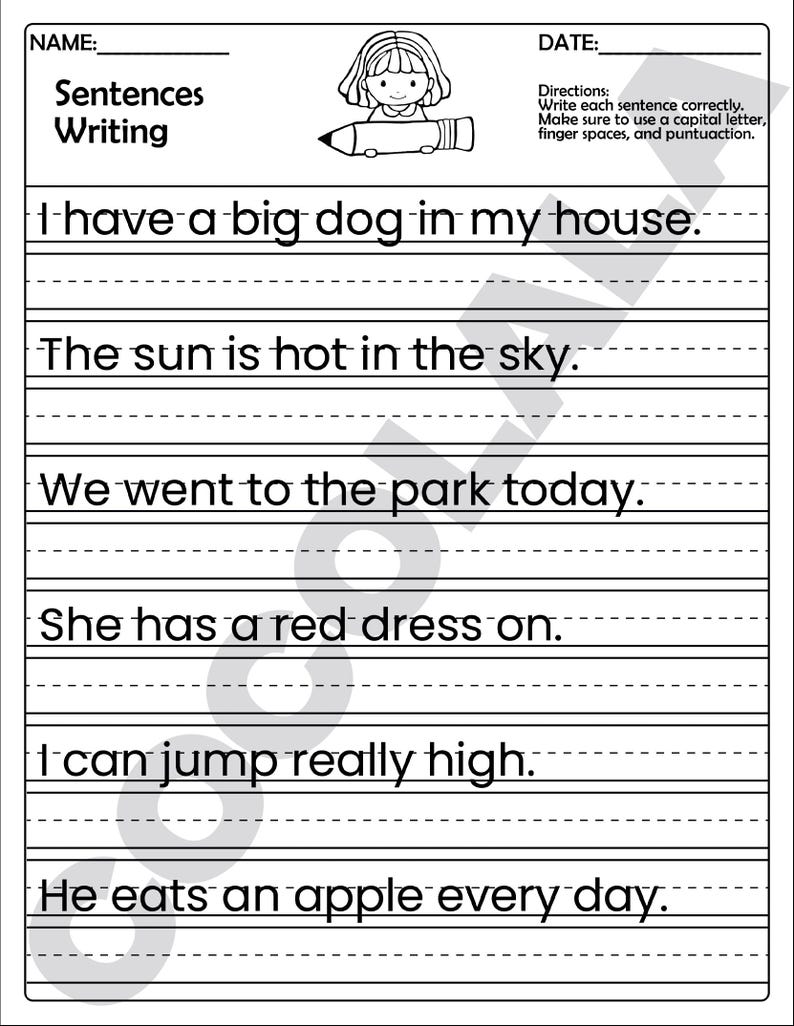 Printable sentence writing worksheets for 1st to 3rd grade students. Includes 50 pages with picture prompts and guided lines to help kids practice writing complete sentences. Supports grammar, punctuation, handwriting, and early composition skills. Great for homeschool, ELA classrooms, or writing centers. Delivered as a digital PDF in A4 and US Letter sizes for easy printing.