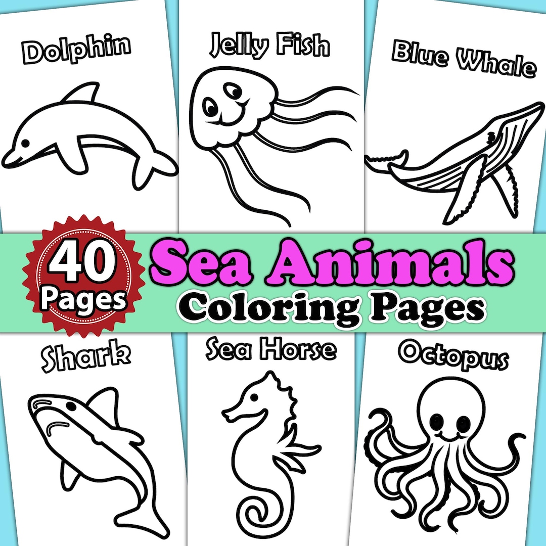 Sea Animals 40 Coloring Pages for Kids | Digital Coloring Book | Ocean ...