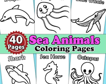 Sea Animals 40 Coloring Pages for Kids | Digital Coloring Book | Ocean Animals | Coloring Pages with Marine Animals | Kids Birthday Gift