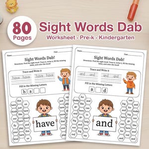 Op de afbeelding: Twee werkbladen voor het oefenen van veelvoorkomende woorden voor kleuters en kleuters. De werkbladen heten "Sight Words Dab!" en bevatten traceer-, schrijf- en invuloefeningen. De afbeelding bevat ook de tekst "80 pagina's" en illustraties van kinderen.