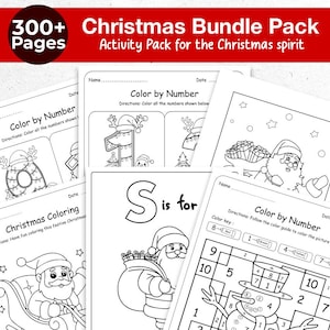 May include: A stack of Christmas-themed activity pages, including coloring pages and color-by-number sheets. The pages feature festive illustrations of Santa Claus, ornaments, and snowmen. The top banner reads "Christmas Bundle Pack" and "300+ Pages".