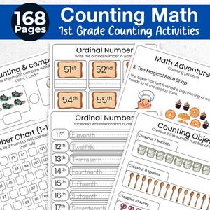 May include: A collection of 168 pages of 1st-grade counting math activities. The pages include ordinal number practice, number charts, and counting objects exercises. The title "Counting Math 1st Grade Counting Activities" is displayed at the top.