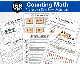 Math 1st Grade Worksheets 167 Pages, Number Charts Ordinal Numbers Counting Practice Skip counting Counting Sequence, Printable Digital Book