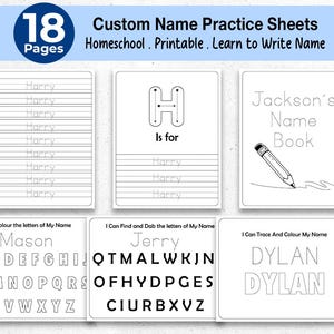May include: A set of 18 printable custom name practice sheets for homeschooling. The sheets include tracing, writing, and coloring activities. The sheets feature the names Harry, Mason, Jerry, and Dylan.