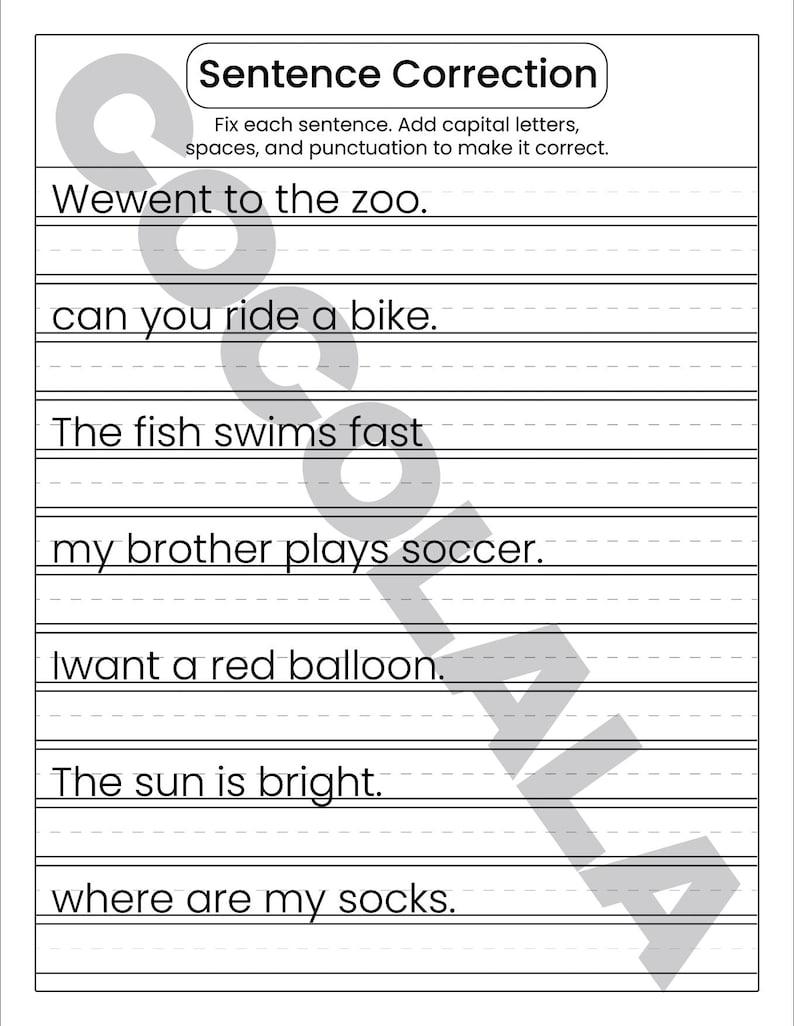 "Sentence Correction Worksheets" cover featuring a dog and cat illustration. Preview pages show sentences like "i like to play outside" and "The catis sleeping" with designated lines for students to rewrite them correctly. The design is clean and professional with intentional white space on both sides for a balanced look. The black-and-white printable layout is clear and easy to read, shown as a professional 8.5x11 inch PDF format.
