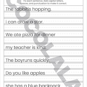 "Sentence Correction Worksheets" cover featuring a dog and cat illustration. Preview pages show sentences like "i like to play outside" and "The catis sleeping" with designated lines for students to rewrite them correctly. The design is clean and professional with intentional white space on both sides for a balanced look. The black-and-white printable layout is clear and easy to read, shown as a professional 8.5x11 inch PDF format.