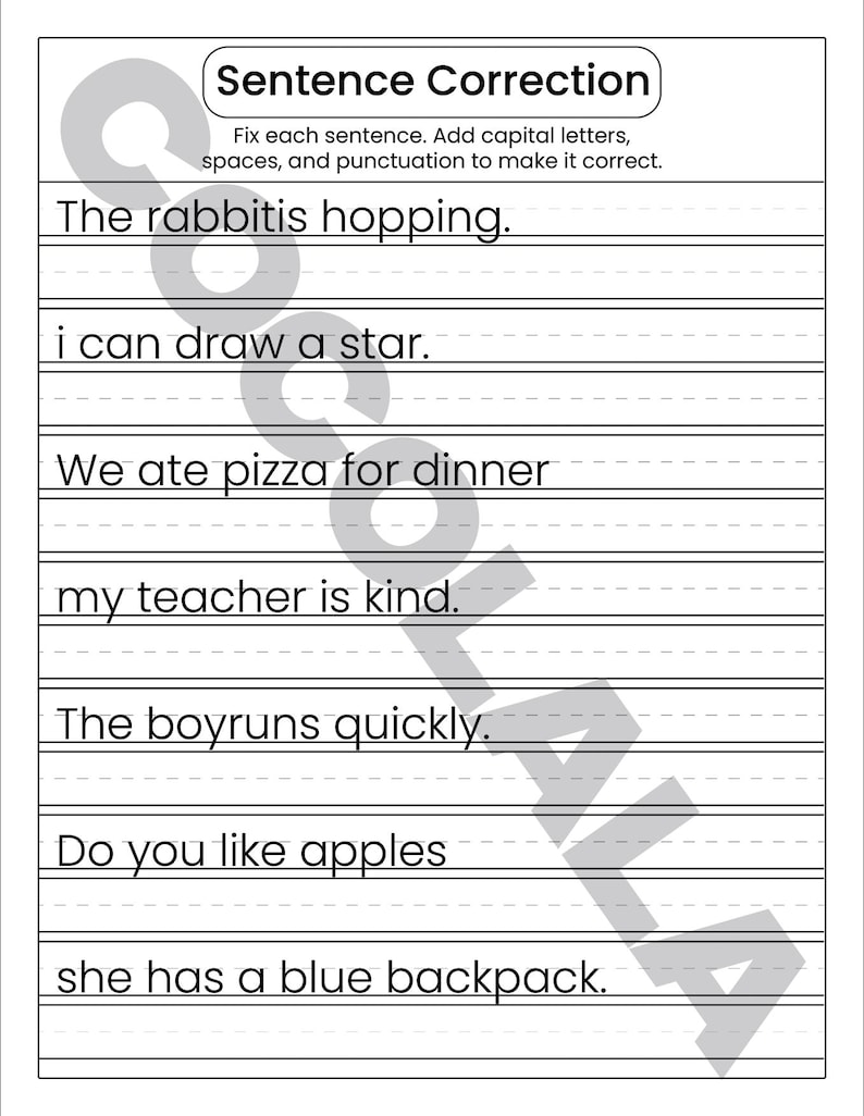 "Sentence Correction Worksheets" cover featuring a dog and cat illustration. Preview pages show sentences like "i like to play outside" and "The catis sleeping" with designated lines for students to rewrite them correctly. The design is clean and professional with intentional white space on both sides for a balanced look. The black-and-white printable layout is clear and easy to read, shown as a professional 8.5x11 inch PDF format.