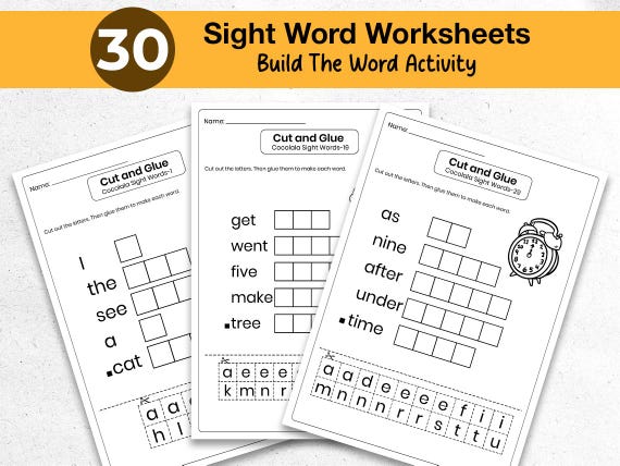 Build the Word, Sight Word Worksheets | 30 Printable Pages for Kindergarten & Preschool | Cut and Paste Worksheets, Spell Activity Pack