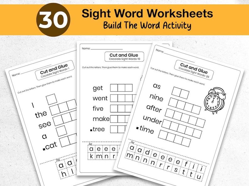 Printable Build the Word Sight Word Worksheet for Preschool and Kindergarten. Kids cut out letters and paste them to spell words like ten, give, bed, and because. Great for early literacy, phonics, spelling, and fine motor skills. Fun cut-and-paste sight word activity for classroom or homeschool. Part of a 30-page printable learning pack. Black and white worksheet for easy printing