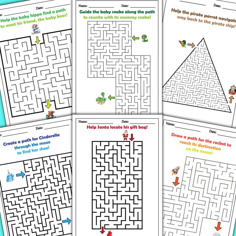 May include: A set of ten printable maze activity sheets for kids. Each maze features a different theme, including a baby hippo, a baby snake, a pirate parrot, Cinderella, and Santa Claus. The mazes are black and white and have a simple design.