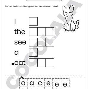 Printable Build the Word Sight Word Worksheet for Preschool and Kindergarten. Kids cut out letters and paste them to spell words like ten, give, bed, and because. Great for early literacy, phonics, spelling, and fine motor skills. Fun cut-and-paste sight word activity for classroom or homeschool. Part of a 30-page printable learning pack. Black and white worksheet for easy printing