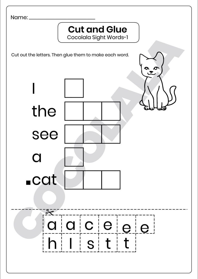 Printable Build the Word Sight Word Worksheet for Preschool and Kindergarten. Kids cut out letters and paste them to spell words like ten, give, bed, and because. Great for early literacy, phonics, spelling, and fine motor skills. Fun cut-and-paste sight word activity for classroom or homeschool. Part of a 30-page printable learning pack. Black and white worksheet for easy printing