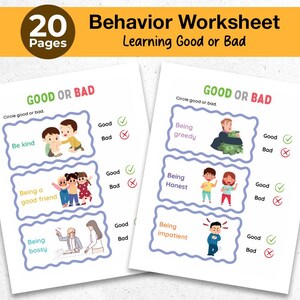Op de afbeelding: Twee werkbladen met de titel "Behavior Worksheet Learning Good or Bad" worden getoond. Elk werkblad bevat illustraties en aanwijzingen om "Goed" of "Slecht" aan te kruisen voor verschillende gedragingen. De linkerbovenhoek toont "20 Pagina's".