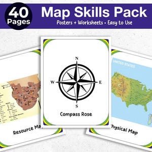 Può includere: Una raccolta di poster e schede didattiche per le competenze cartografiche. Include una rosa dei venti, una mappa delle risorse e una mappa fisica degli Stati Uniti. Il titolo recita "40 Map Skills Pack".