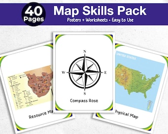 40 Map Skills Posters & Worksheets for Kids | Social Studies Printable | Geography Classroom Decor | Homeschool Learning PDF